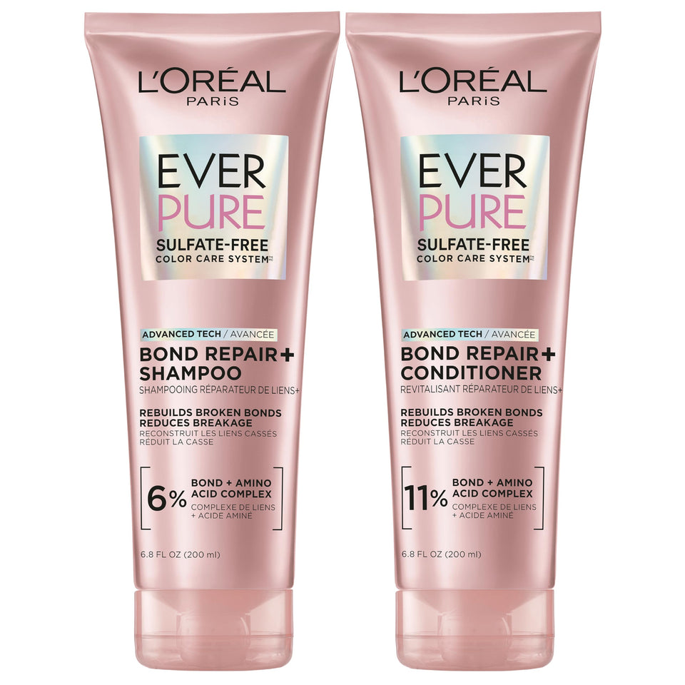 L'Oreal Paris bottle front view showing EverPure Bond Repair+ benefits
