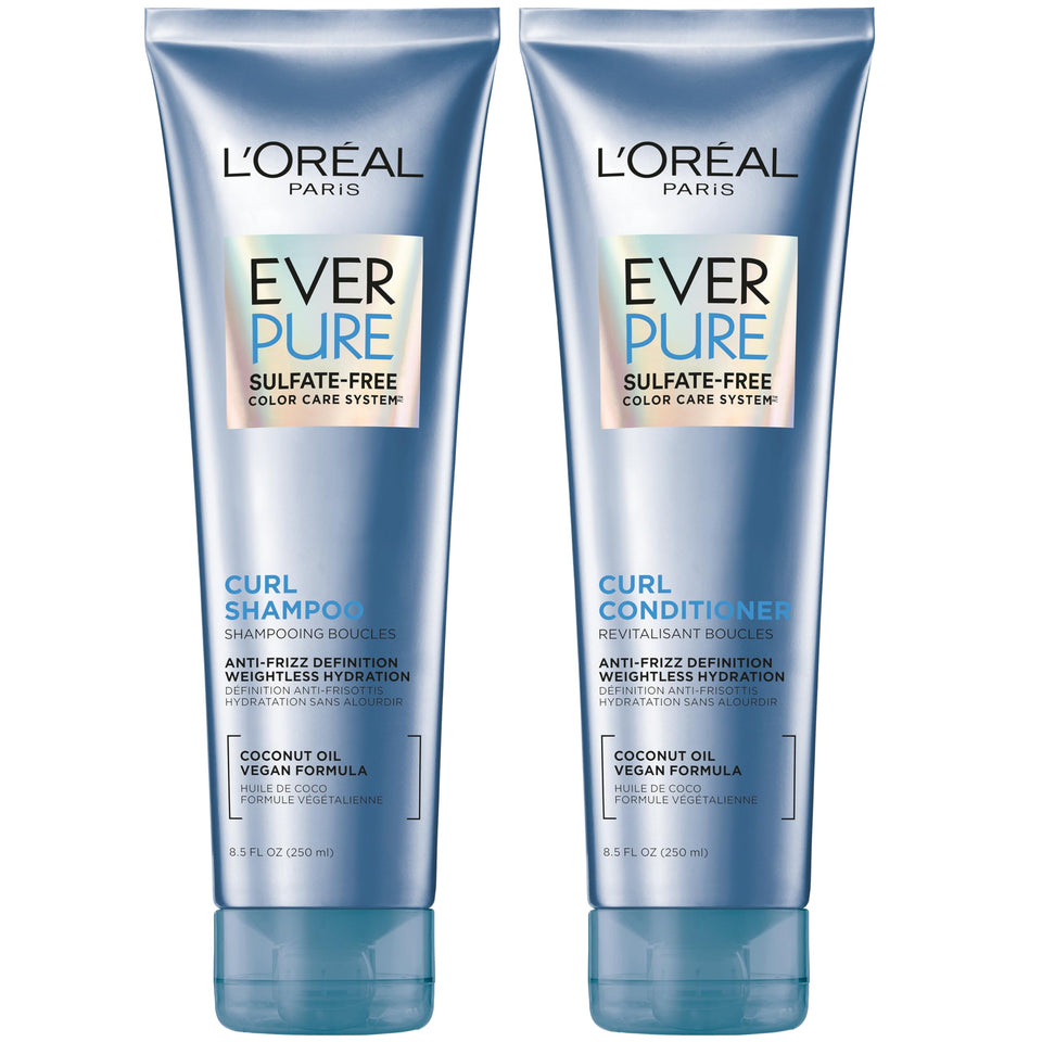 L'Oreal Paris front packaging showing curly hair shampoo and conditioner, clear benefits