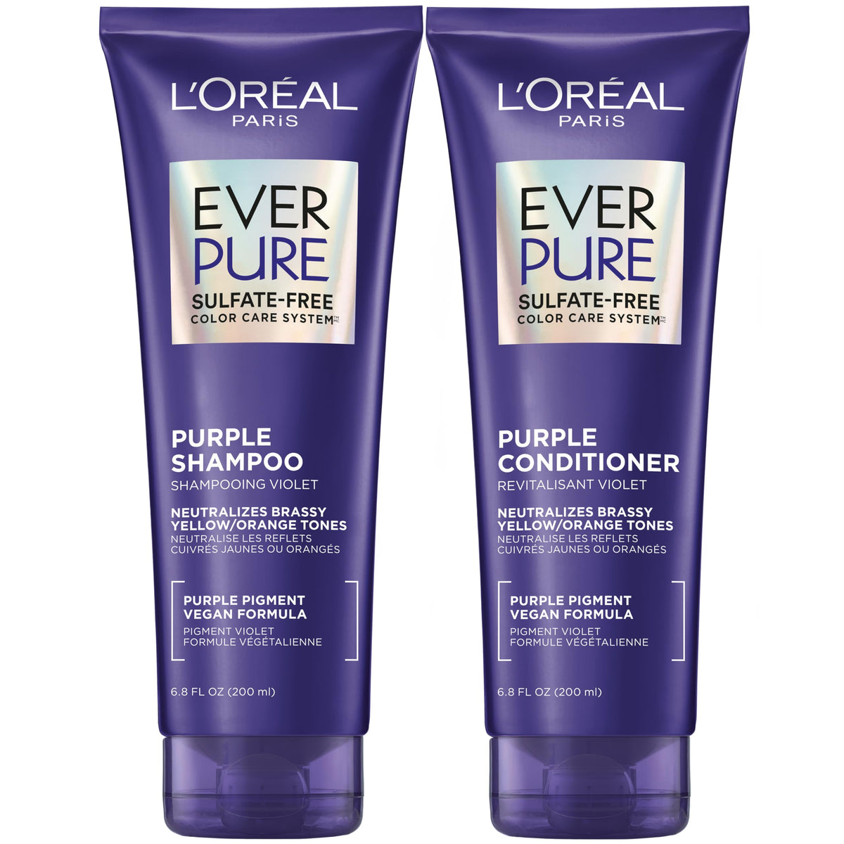 L'Oreal EverPure front packaging showing purple shampoo and conditioner benefits