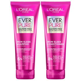 L'Oreal Paris front packaging of EverPure Iron Sleek set showing bottles and benefits