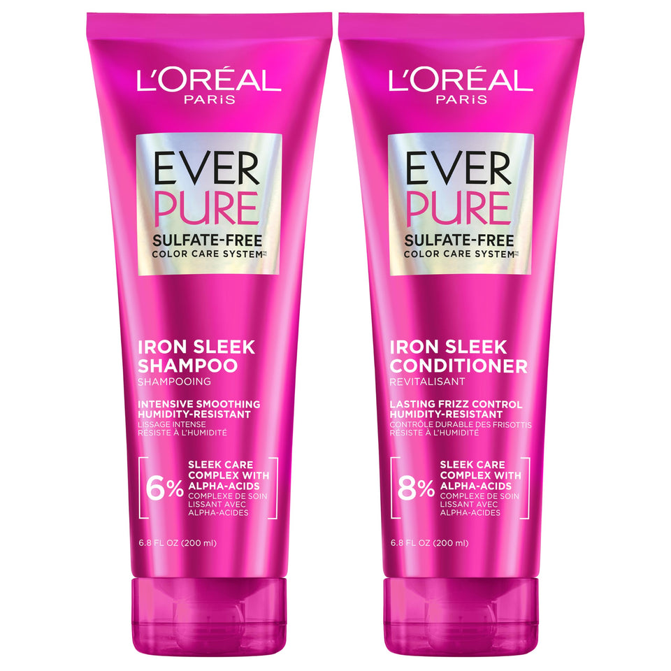 L'Oreal Paris front packaging of EverPure Iron Sleek set showing bottles and benefits