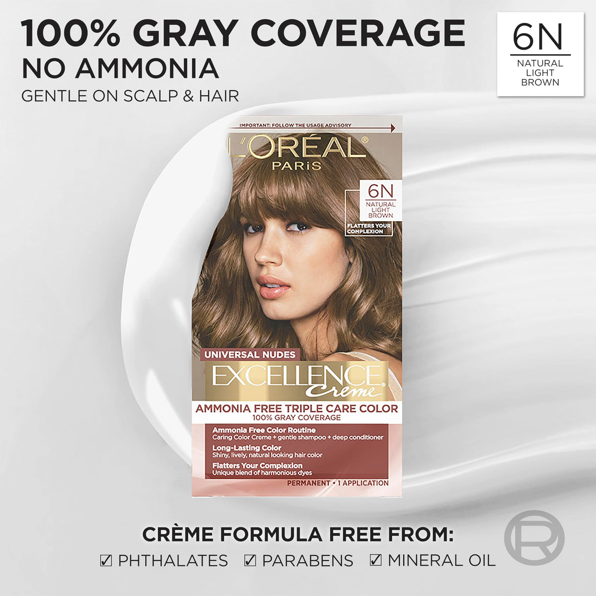 L'Oreal Paris kit contents laid out showing colorant, shampoo, conditioner