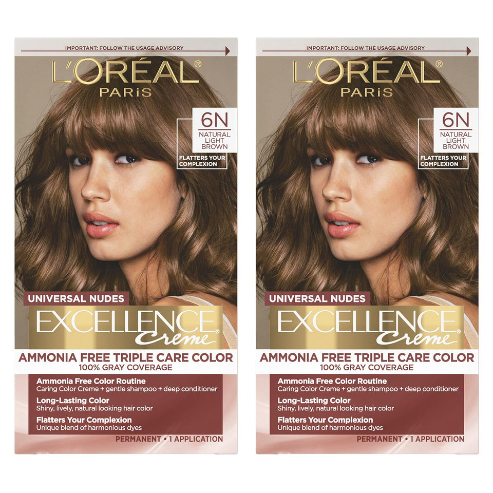 L'Oreal Paris front package showing 6N natural light brown and benefits