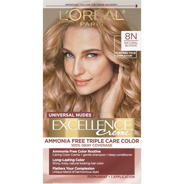 L'Oreal Paris front box showing 8N natural blonde and full kit benefits