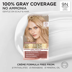 L'Oreal Paris color swatch card illustrating the 9N Natural Light Blonde result benefits