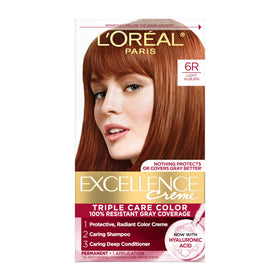 L'Oreal Paris front packaging of Excellence Crème showing shade 6R and benefits