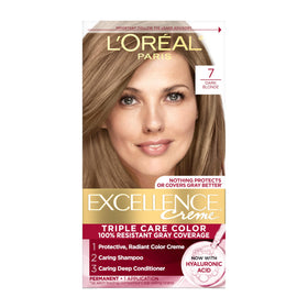 L'Oreal Paris front packaging showing shade 7 dark blonde and kit benefits