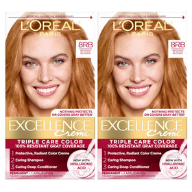 L'Oreal Paris front packaging of Excellence Crème showing kit components and shade