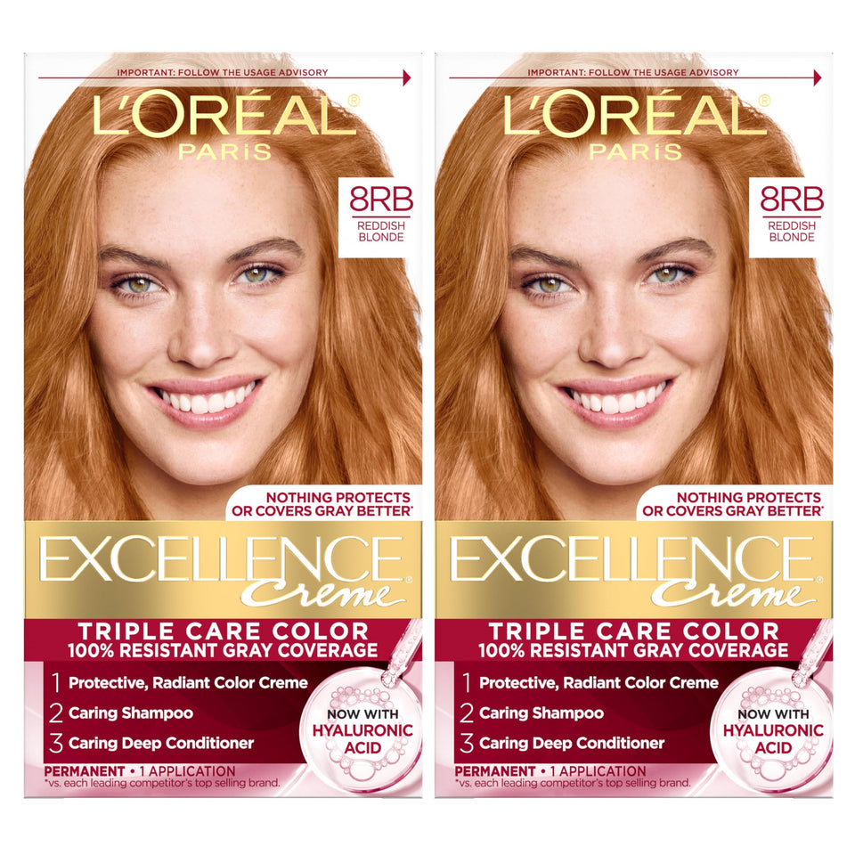 L'Oreal Paris front packaging of Excellence Crème showing kit components and shade
