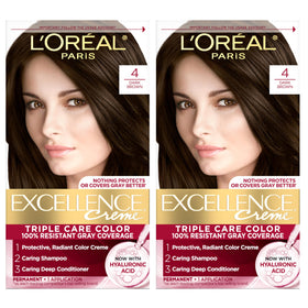 L'Oreal Paris front packaging showing shade 4 Dark Brown and kit benefits