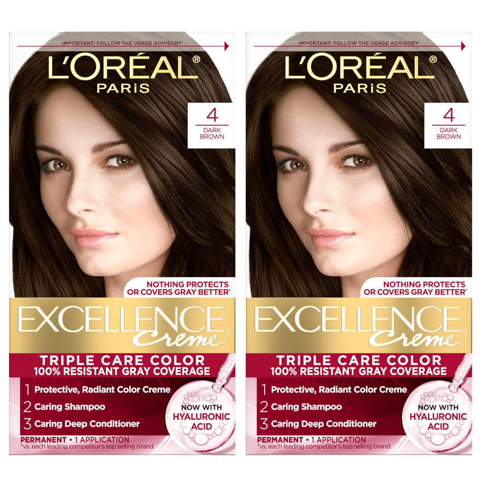 L'Oreal Paris front packaging showing shade 4 Dark Brown and kit benefits
