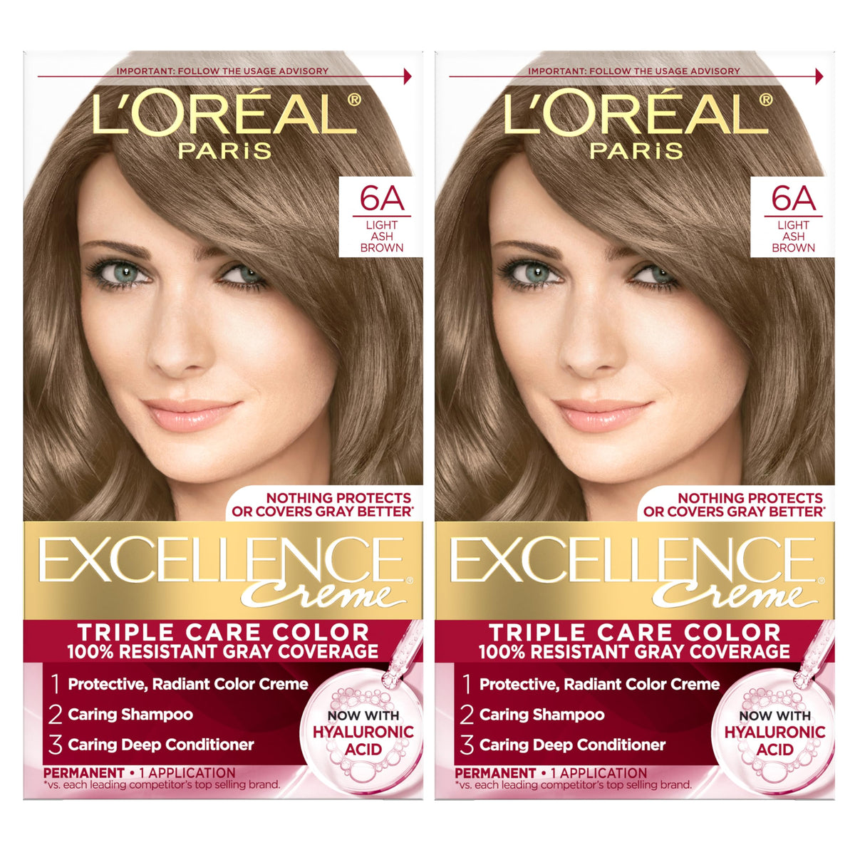 L'Oreal Paris Excellence front box showing shade 6A and benefits