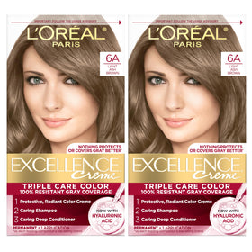 L'Oreal Paris Excellence front box showing shade 6A and benefits