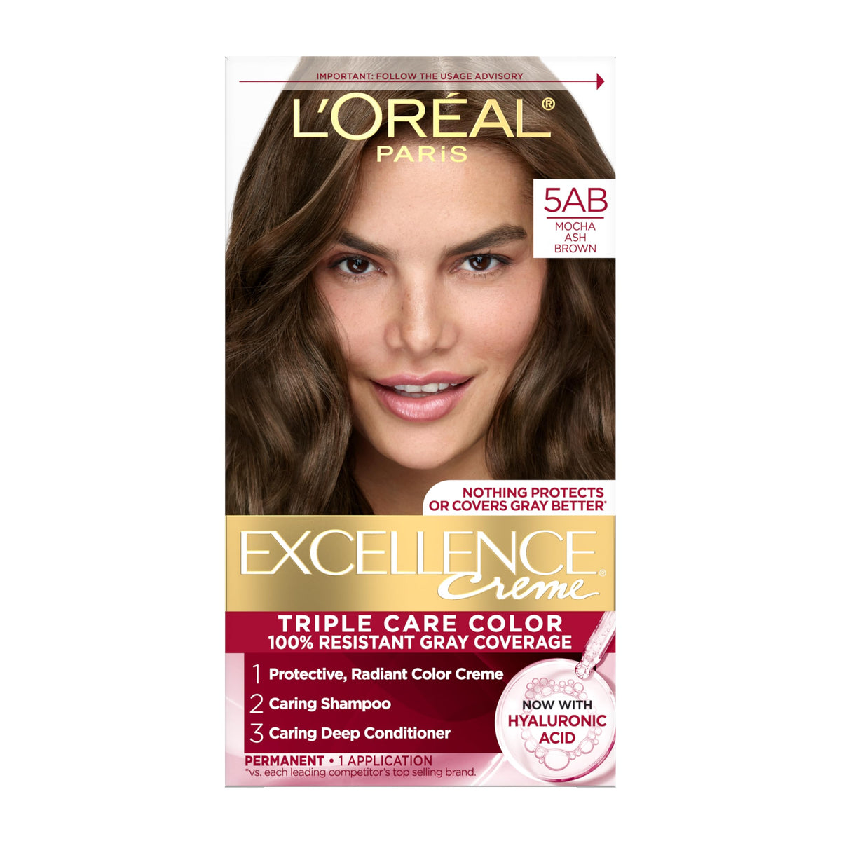 L'Oreal Paris front packaging of Excellence Crème 5AB showing shade and kit benefits