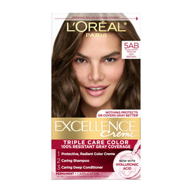 L'Oreal Paris front packaging of Excellence Crème 5AB showing shade and kit benefits