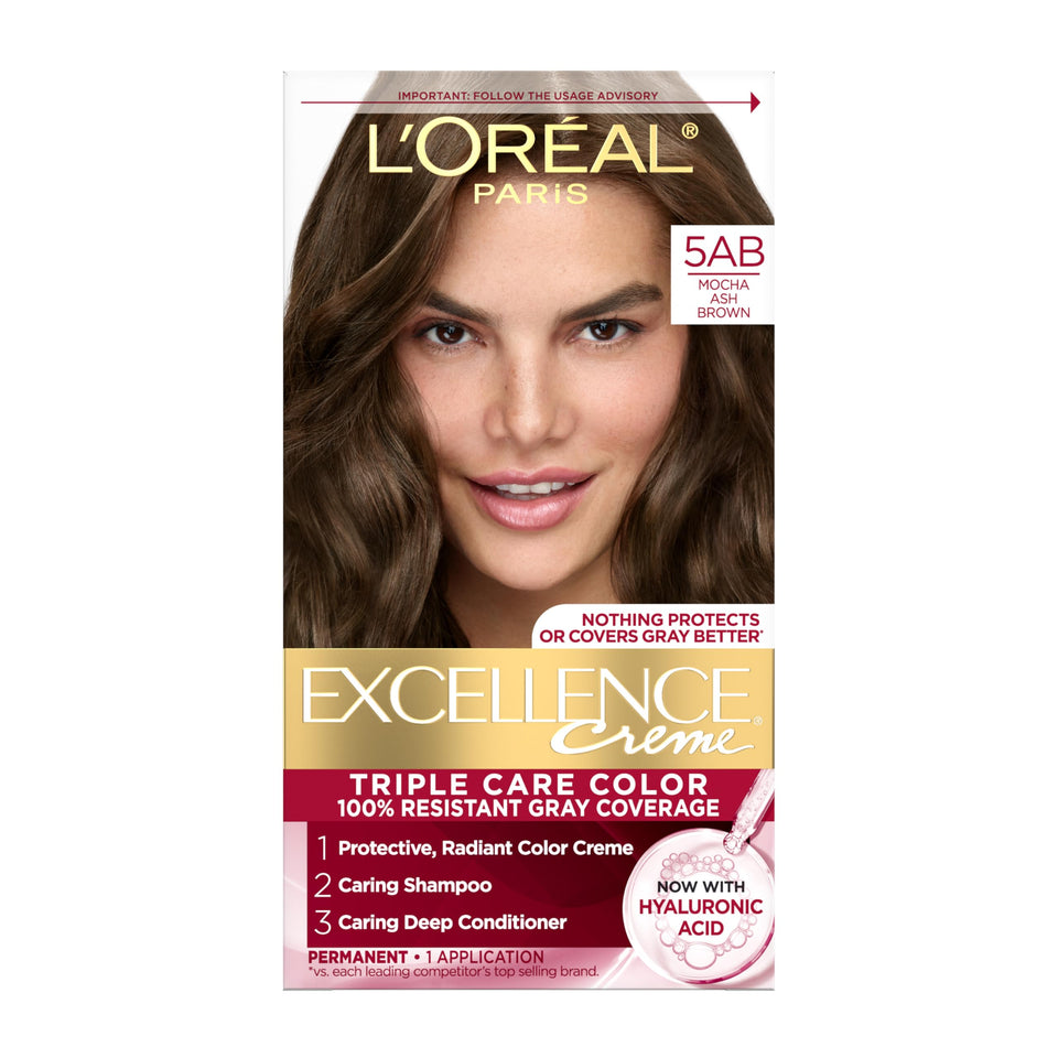 L'Oreal Paris front packaging of Excellence Crème 5AB showing shade and kit benefits