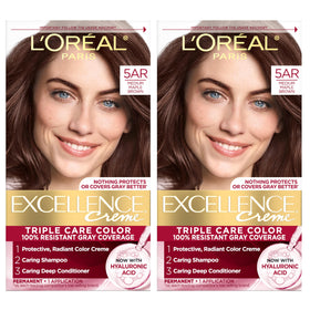 L'Oreal Paris front packaging of Excellence Crème kit showing shade and pack benefits