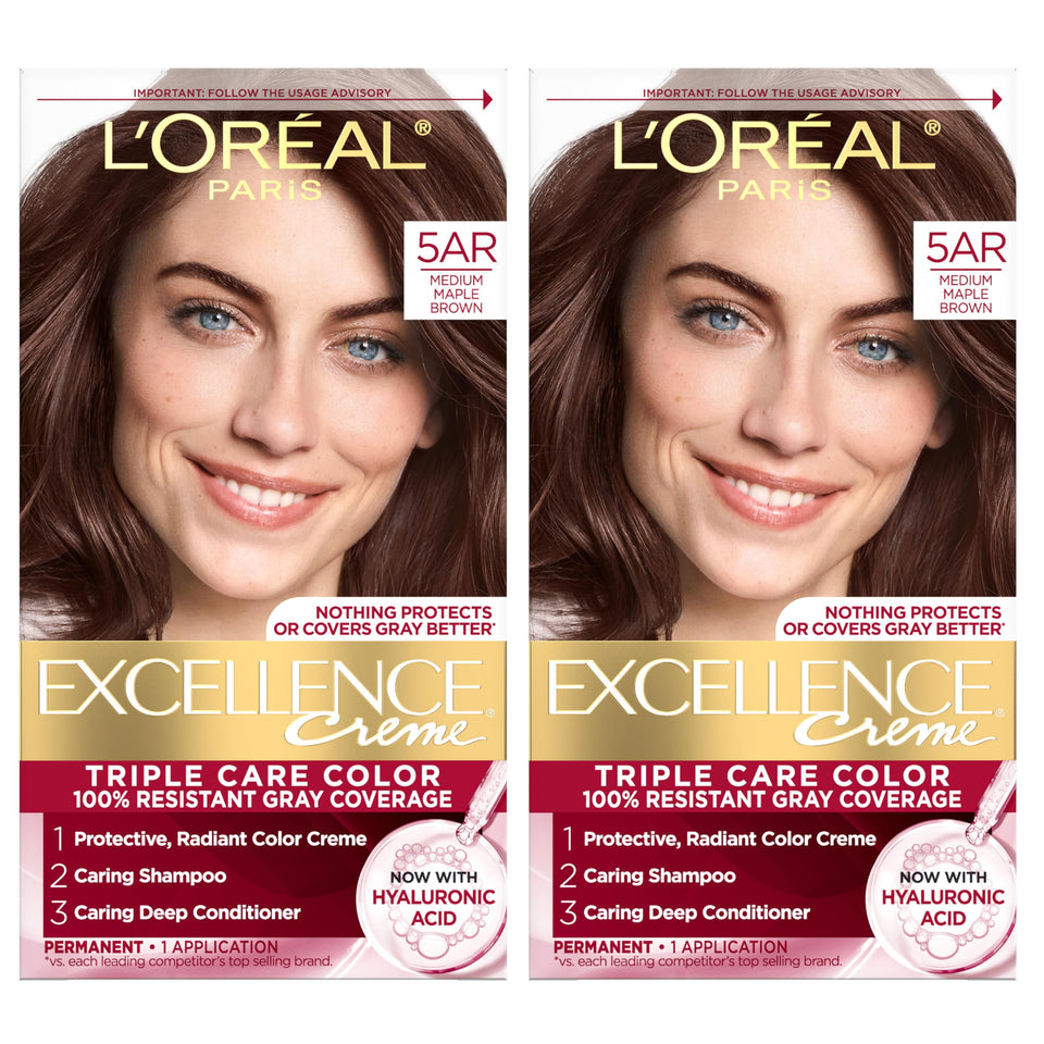 L'Oreal Paris front packaging of Excellence Crème kit showing shade and pack benefits
