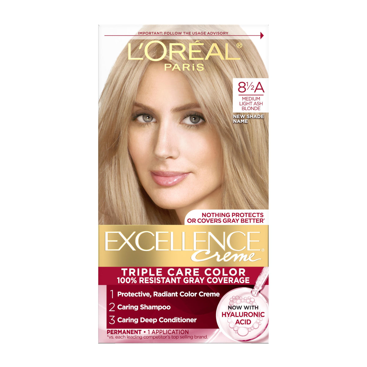 L'Oreal Paris front packaging showing the Excellence Crème kit and shade 8.5A for clear identification and choice