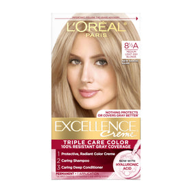 L'Oreal Paris front packaging showing the Excellence Crème kit and shade 8.5A for clear identification and choice