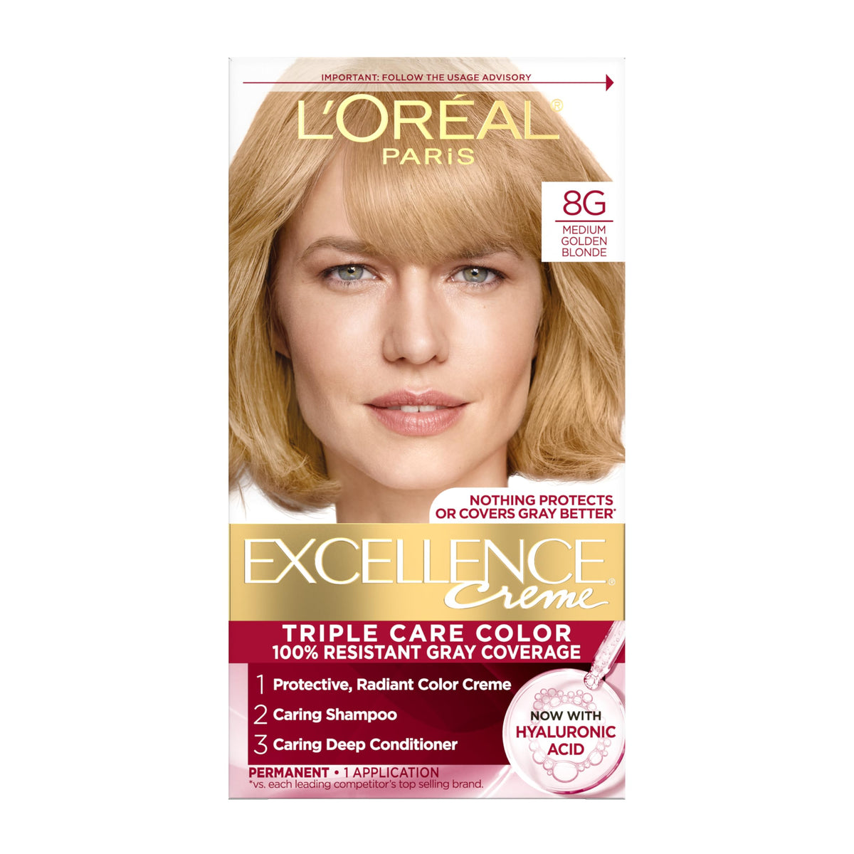 L'Oreal Paris front packaging showing shade 8G and kit contents for easy selection