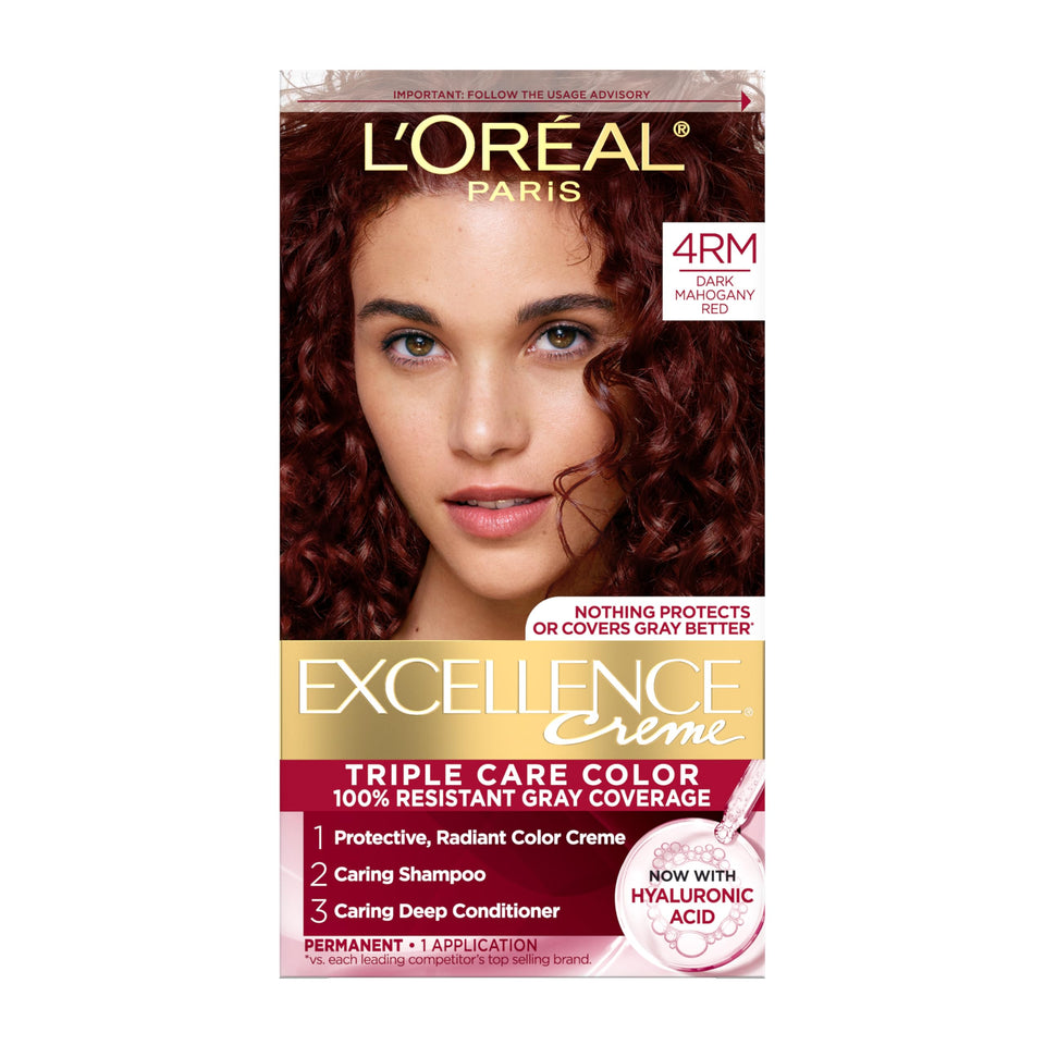 L'Oreal Paris front packaging showing shade 4RM and triple care benefits