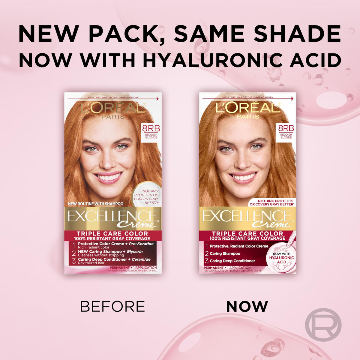 L'Oreal Paris after-color lifestyle shot showing glossy reddish-blonde hair result