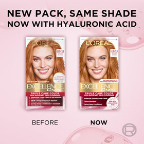 L'Oreal Paris after-color lifestyle shot showing glossy reddish-blonde hair result