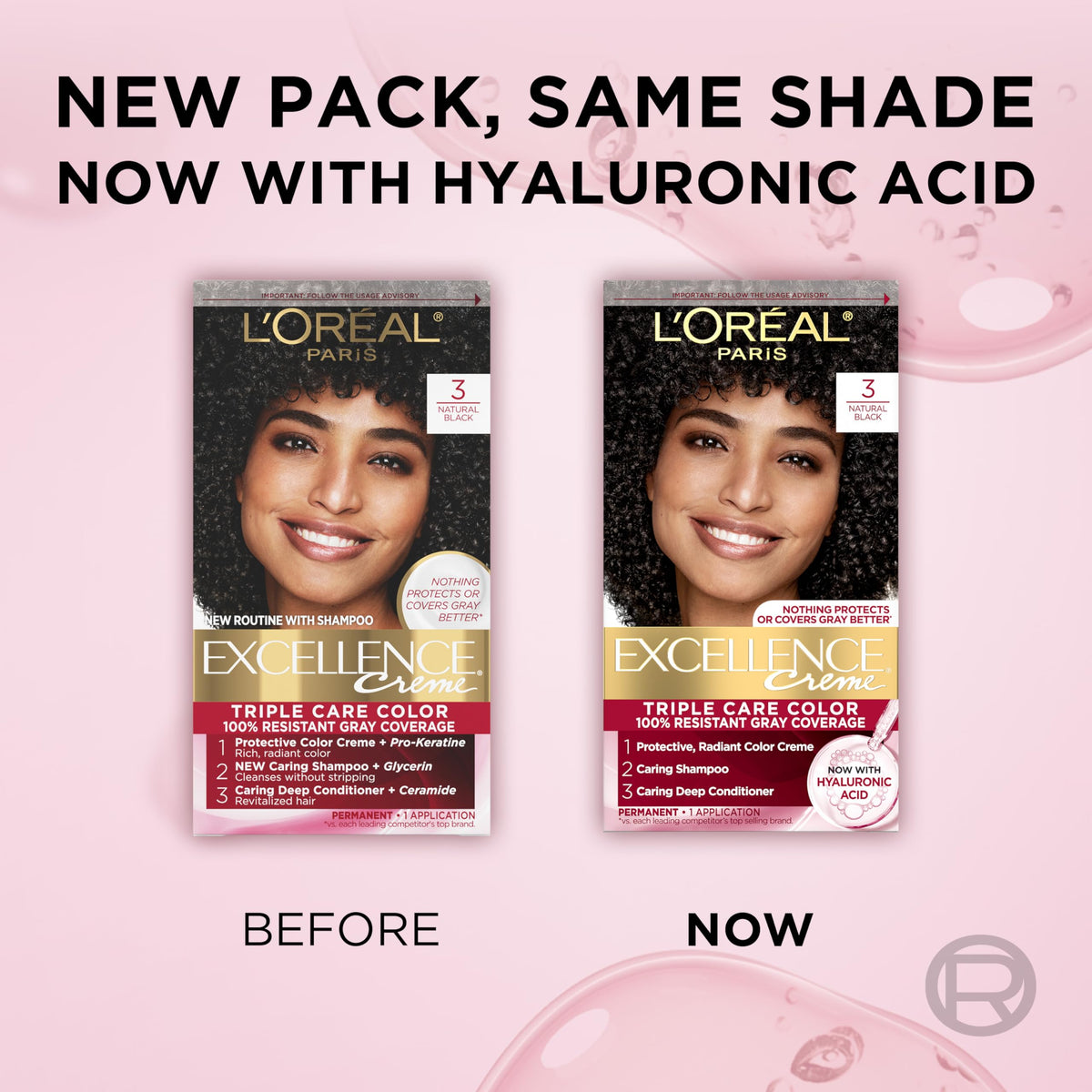 L'Oreal Paris finished hair in natural light showing rich black color