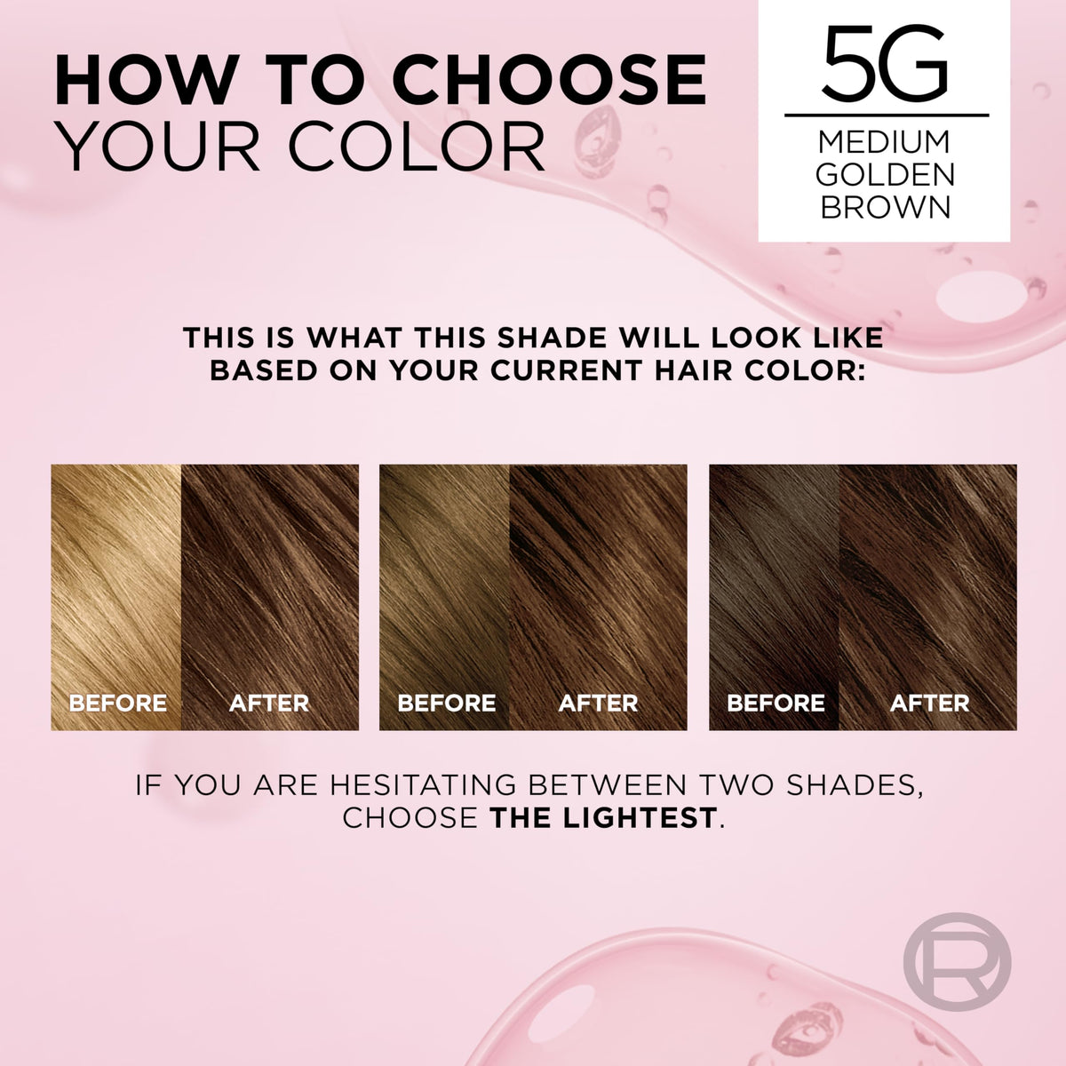 L'Oreal Paris shade 5G swatch on hair strands, warm natural golden brown result