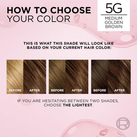 L'Oreal Paris shade 5G swatch on hair strands, warm natural golden brown result