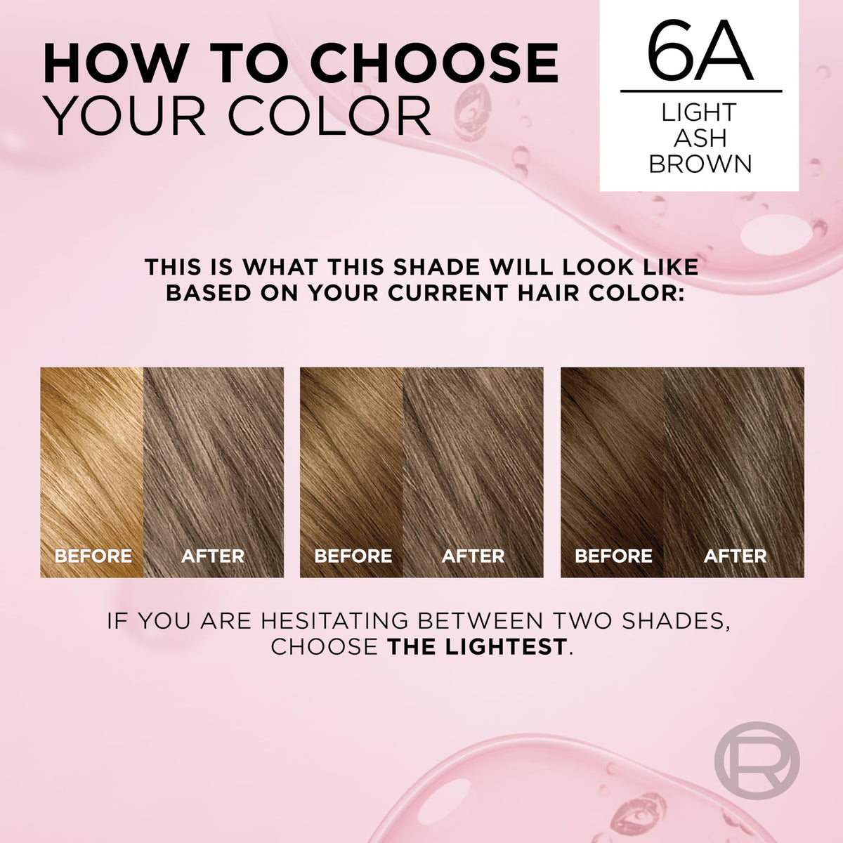 Shade swatch strands demonstrating L'Oreal Paris 6A Light Ash Brown result