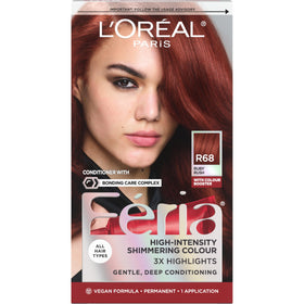 L'Oreal Paris Feria R68 front packaging showing bold ruby shade and benefits