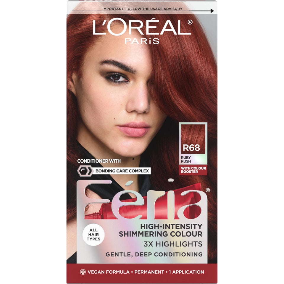 L'Oreal Paris Feria R68 front packaging showing bold ruby shade and benefits