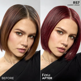 L'Oreal Feria applied on model long hair demonstrating rich auburn shine
