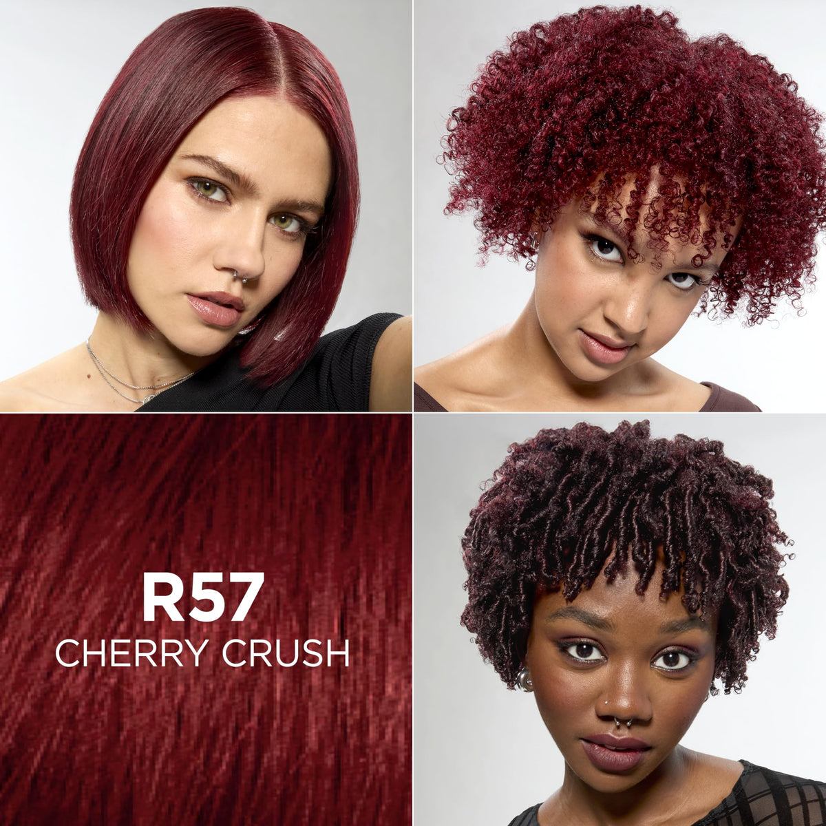 L'Oreal Feria hair swatch strand showing cherry crush multi-tonal highlights
