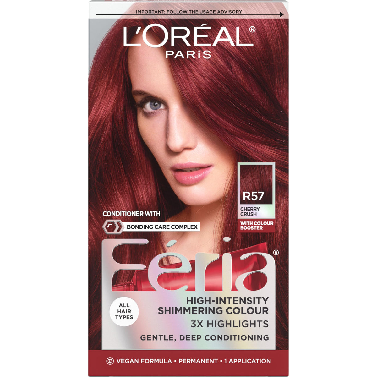 L'Oreal Feria front packaging showing R57 Cherry Crush vibrant benefits