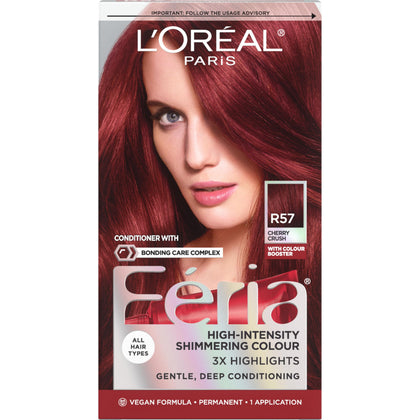 L'Oreal Feria front packaging showing R57 Cherry Crush vibrant benefits