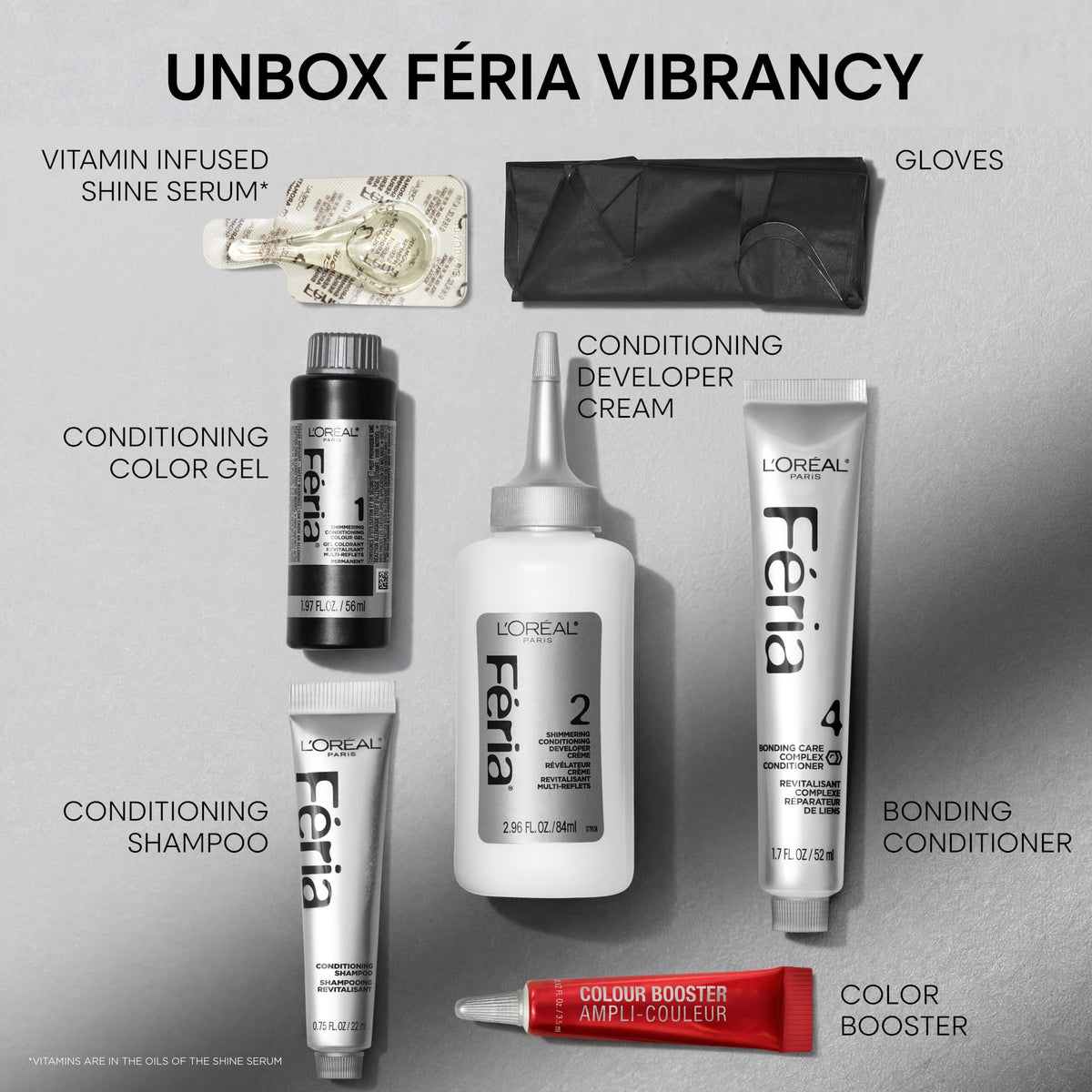 L'Oreal Feria kit contents laid out showing full at-home coloring tools