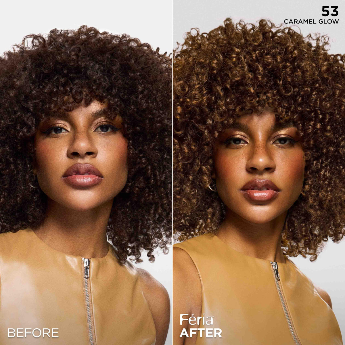 L'Oreal Feria before and after on dark hair illustrating visible caramel highlights