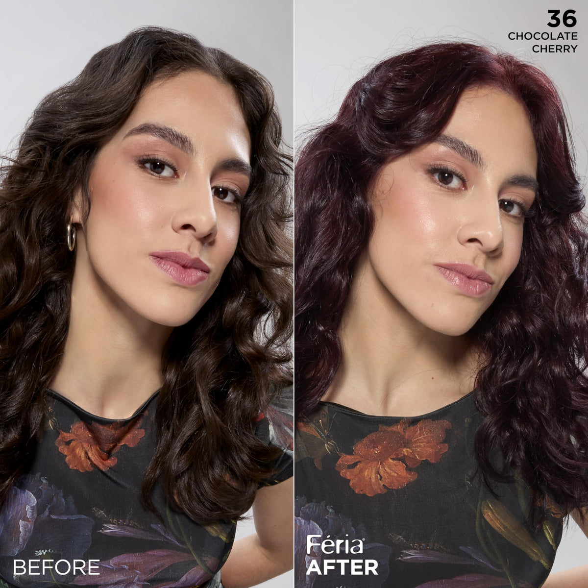 L'Oreal Feria Chocolate Cherry before and after photos showing enhanced dimension