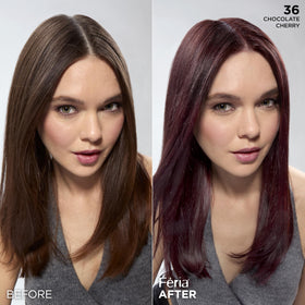 L'Oreal Feria Chocolate Cherry Power Shimmer Conditioner close-up showing smooth shine