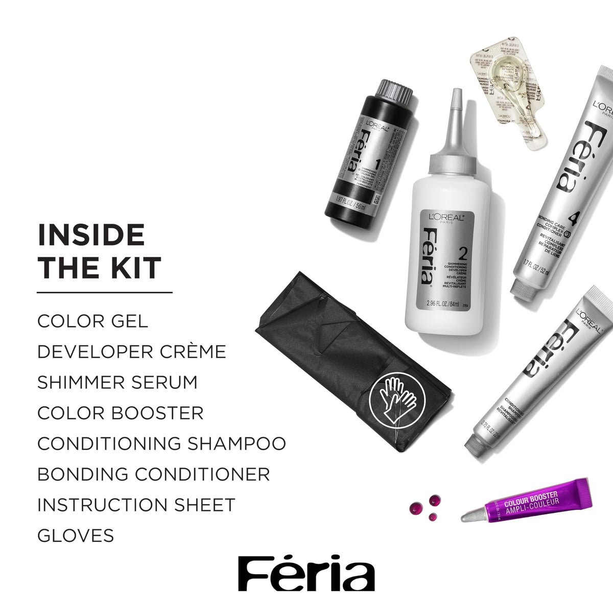 L'Oreal Feria box opened to show included creams and serum for complete at-home coloring