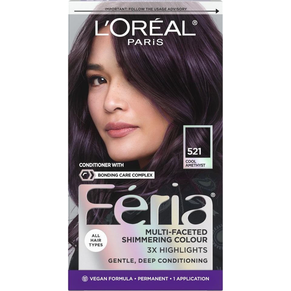 L'Oreal Paris Feria front packaging showing cool amethyst shade and benefit of bold color