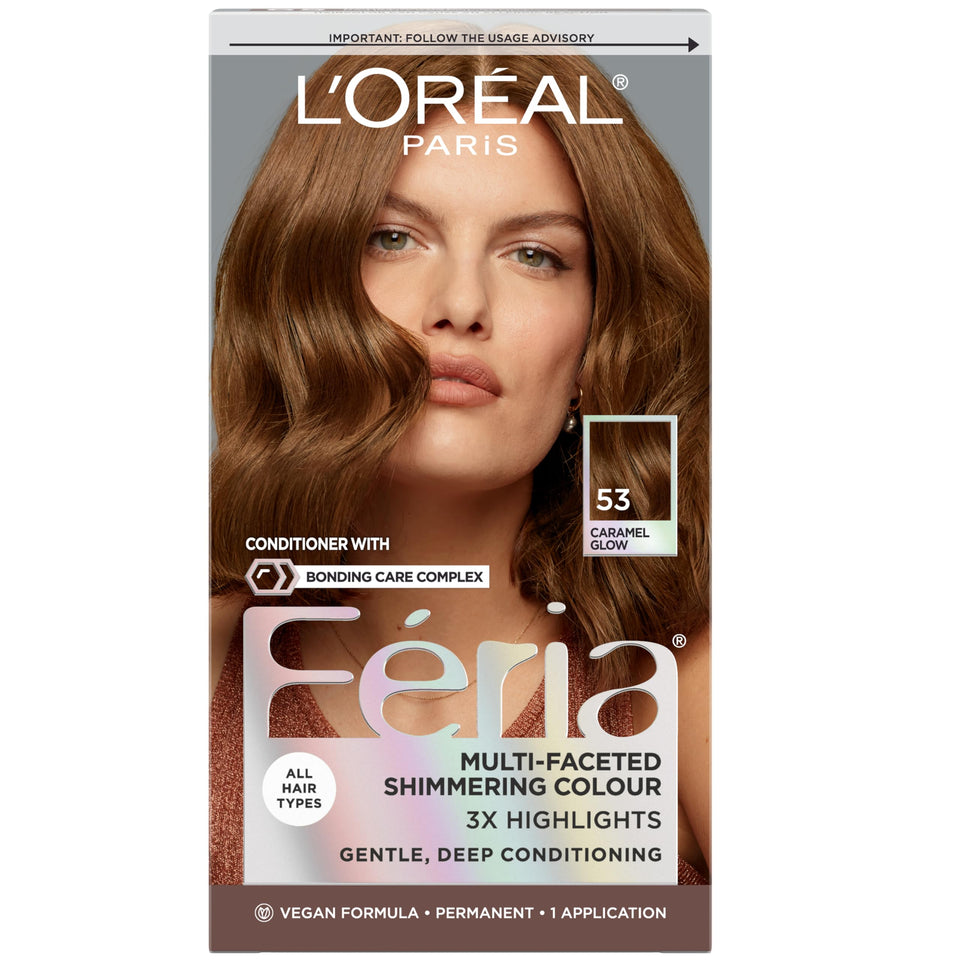 L'Oreal Feria front packaging showing Caramel Glow shade and benefits