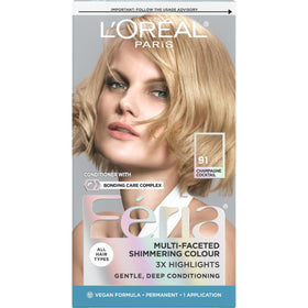 L'Oreal Paris Feria front packaging showing shade 91 Champagne Cocktail and benefits