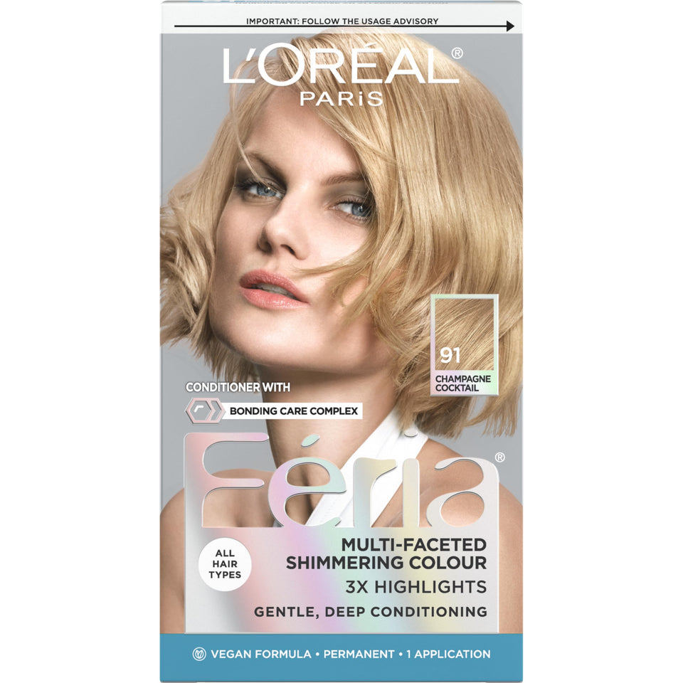 L'Oreal Paris Feria front packaging showing shade 91 Champagne Cocktail and benefits
