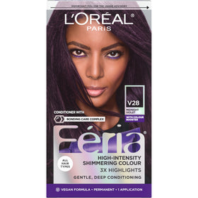 L'Oreal Feria front packaging shows bold violet shade and kit contents benefit visible guidance