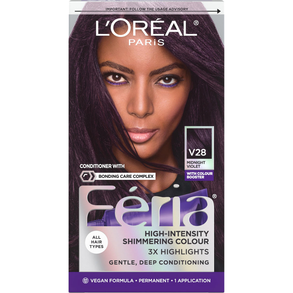 L'Oreal Feria front packaging shows bold violet shade and kit contents benefit visible guidance