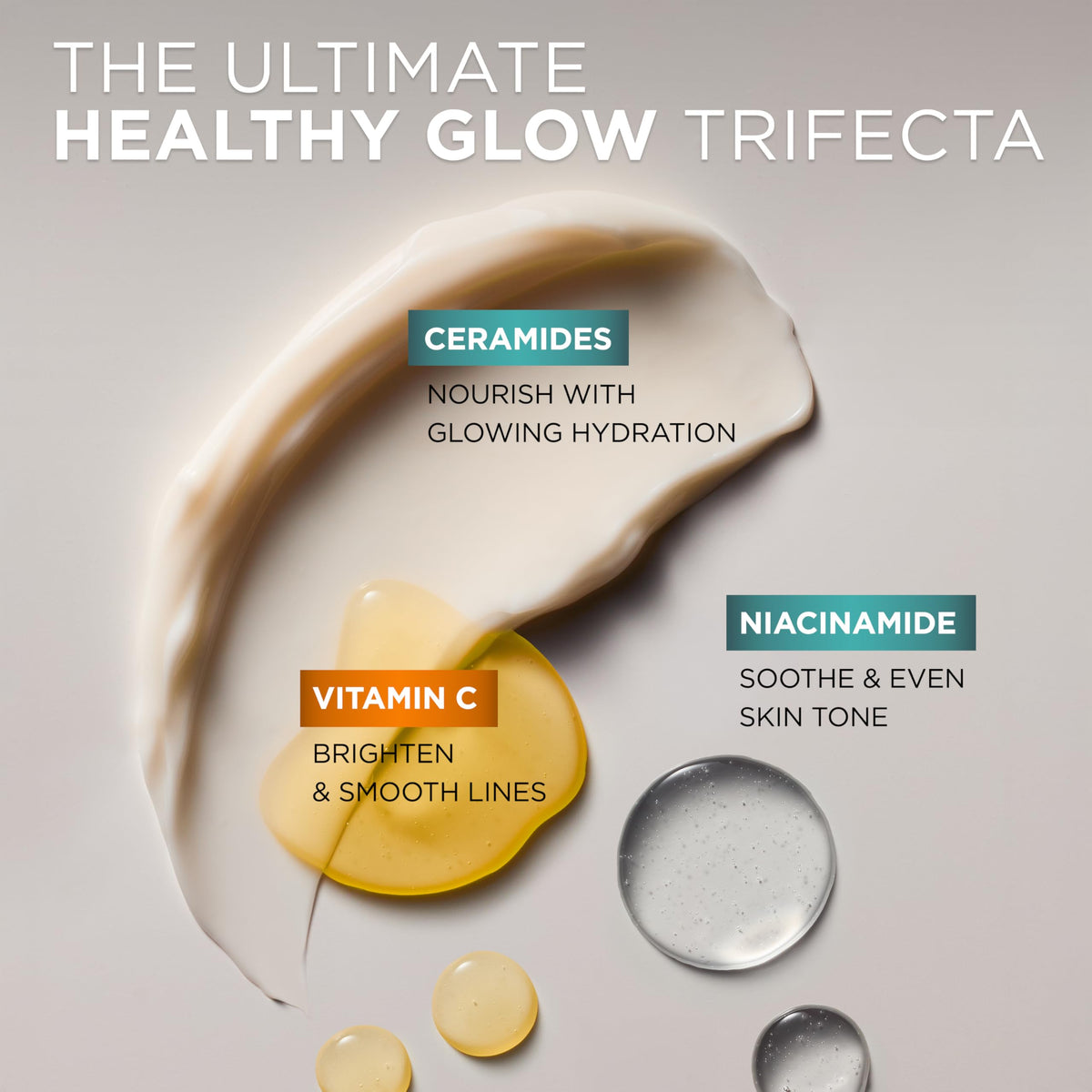 L'Oreal Paris ingredients layout with Vitamin C, Niacinamide, Ceramides for radiance